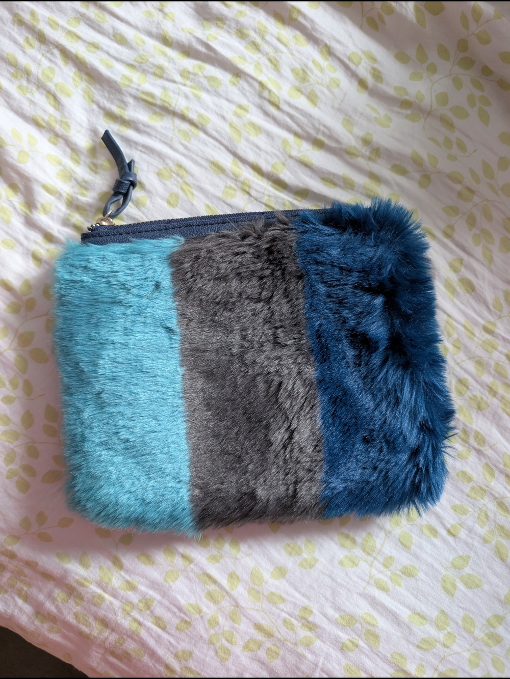 Indigo Faux Fur Stripe Zipper Pouch
